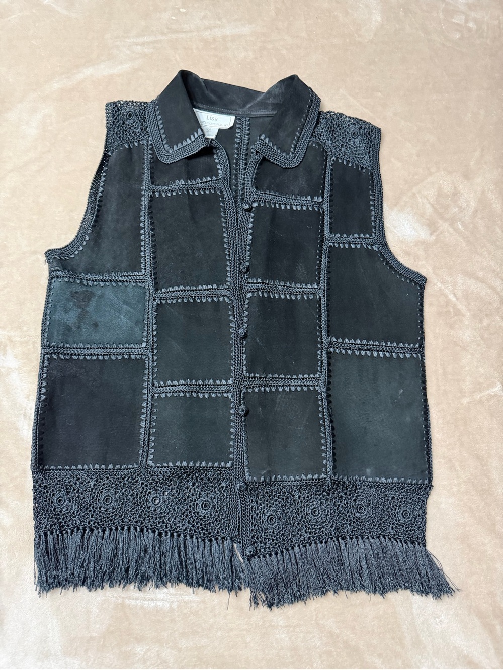 Lisa International Black Suede Crochet Fringe Patchwork Vest Vintage Size Medium